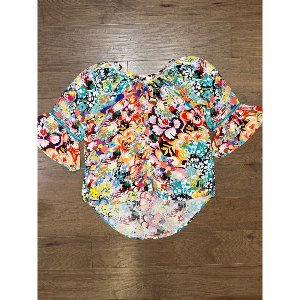 Shana Womens Large Floral Viscose Silk Bell Sleeve Boho Blouse High Low Hem Top